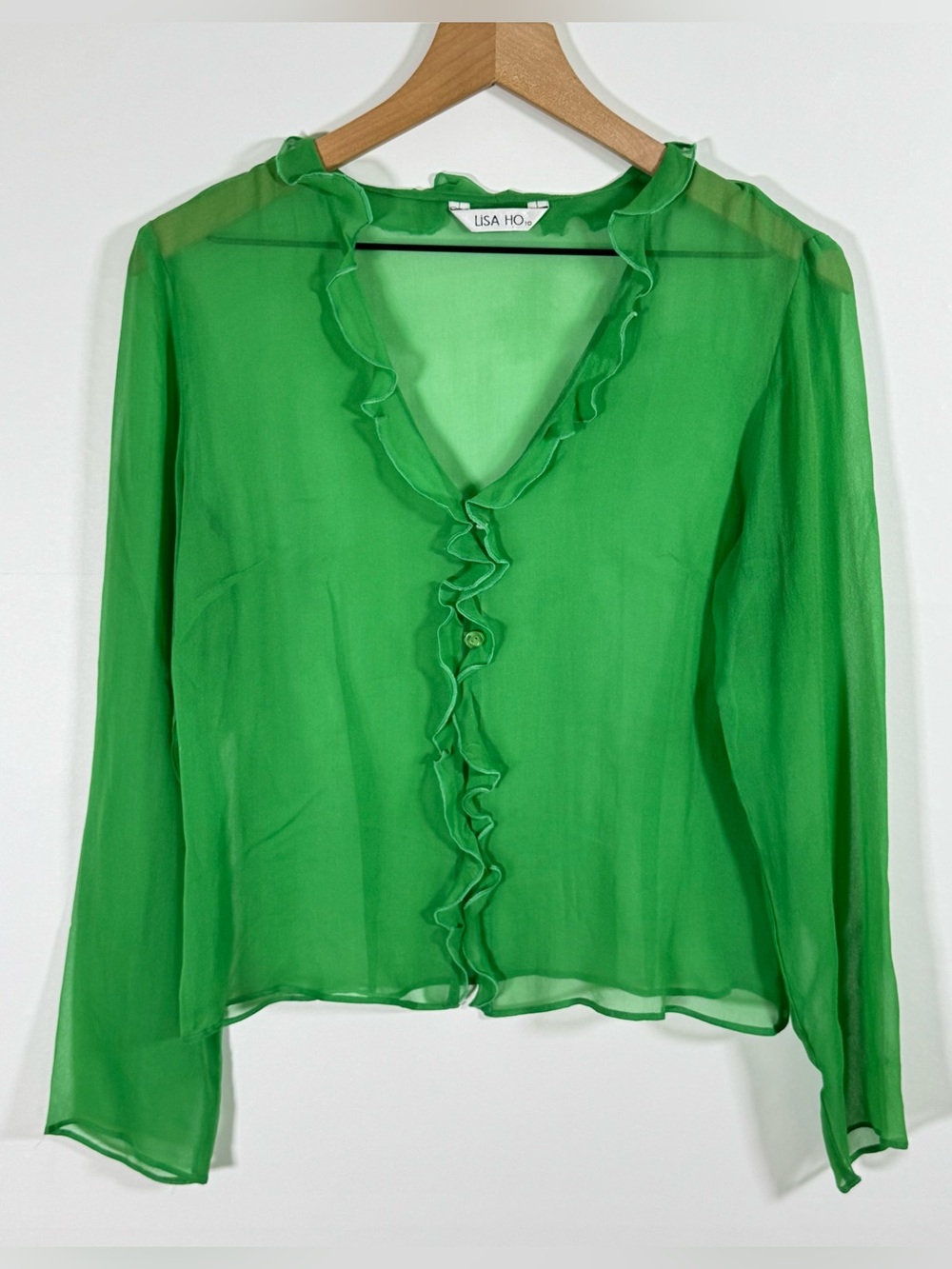 Vintage LISA HO Kelly Green Silk Ruffled Button Front Sheer Blouse Sz 6 (AU 10)
